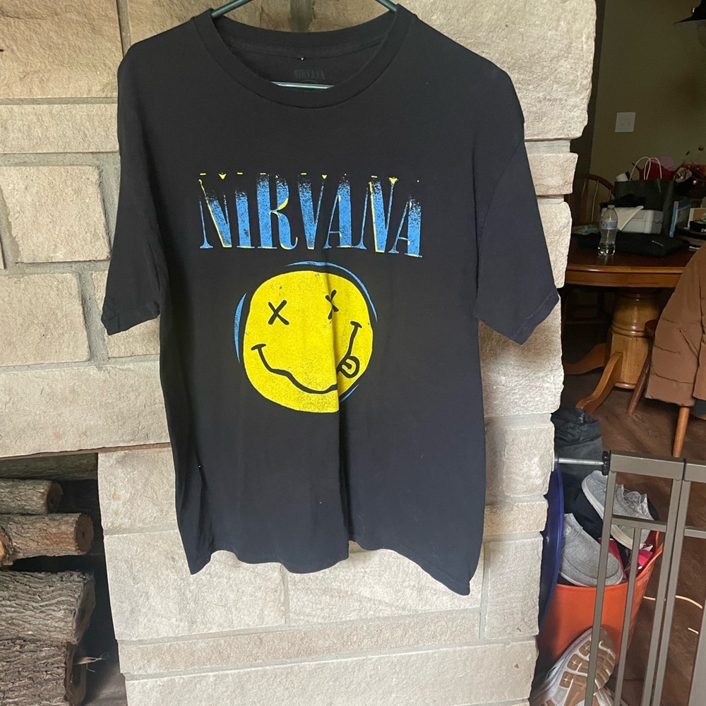 NIRVANA Black Tee with Blue and Yellow Graphic